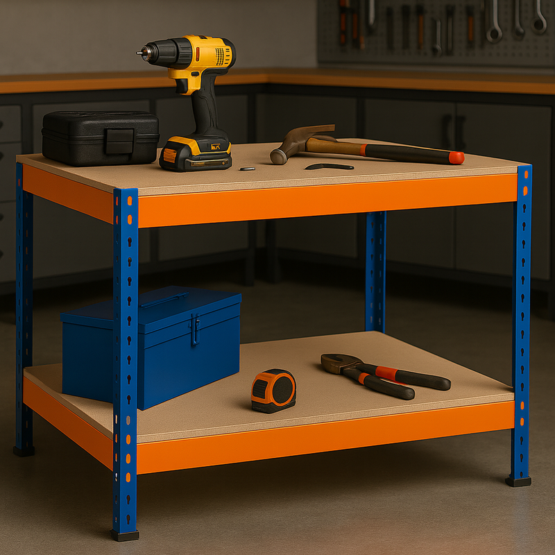 Heavy Duty 2-Tier Steel Workbench 90 cm (600 kg Load Capacity) | Boltless Adjustable Shelves for Garage, Workshop & DIY