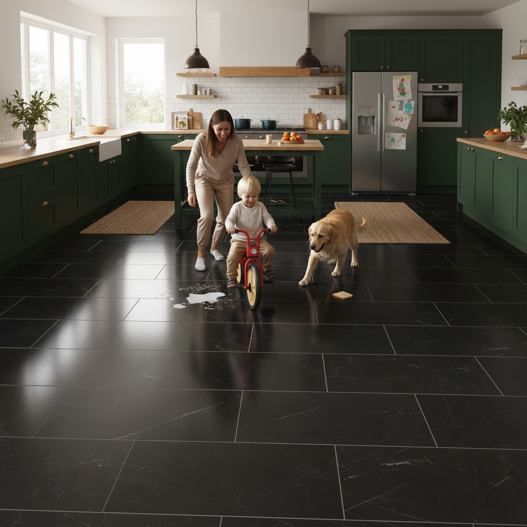 Rigid Core Vinyl Flooring - Black Gloss Marble Finish