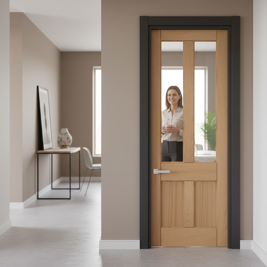 Premium Internal Deco Door with 4 Clear Toughened Glass Panels, Unfinished Oak Construction for Customization and Enhanced Privacy