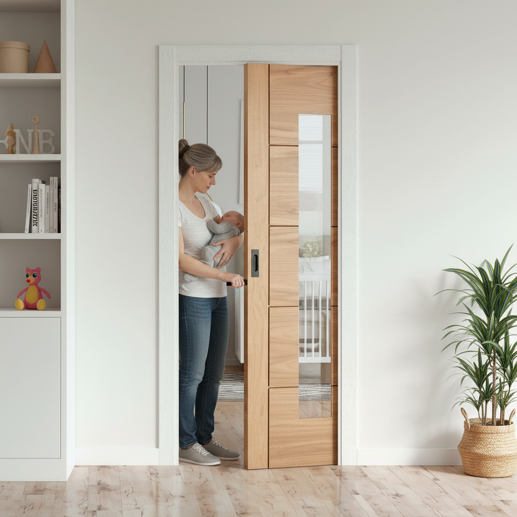 Oak Pocket Door Set with Clear Glass Panel - Space-Saving...
