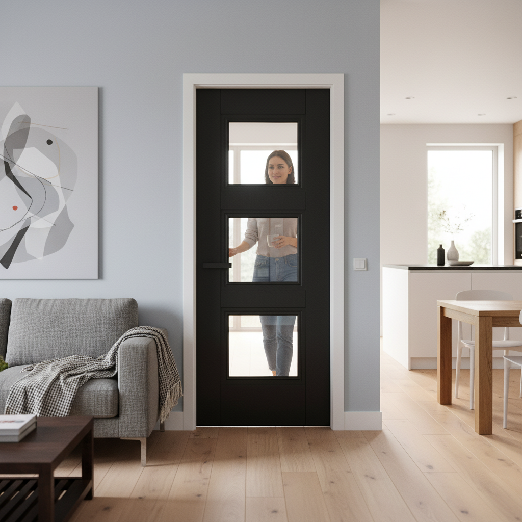 Premium Made-to-Measure Internal Door with 3 Light Clear Glass Panels - Elegant Black Frame Design for Modern Interiors