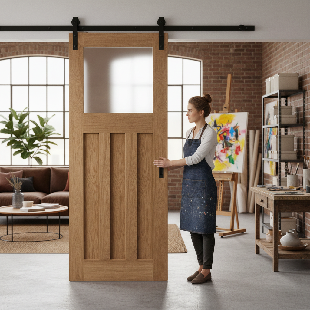 Unfinished Oak 1930's Style DX 3 Panel 1 Light Sliding Door