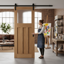 Unfinished Oak 1930's Style DX 3 Panel 1 Light Sliding Door