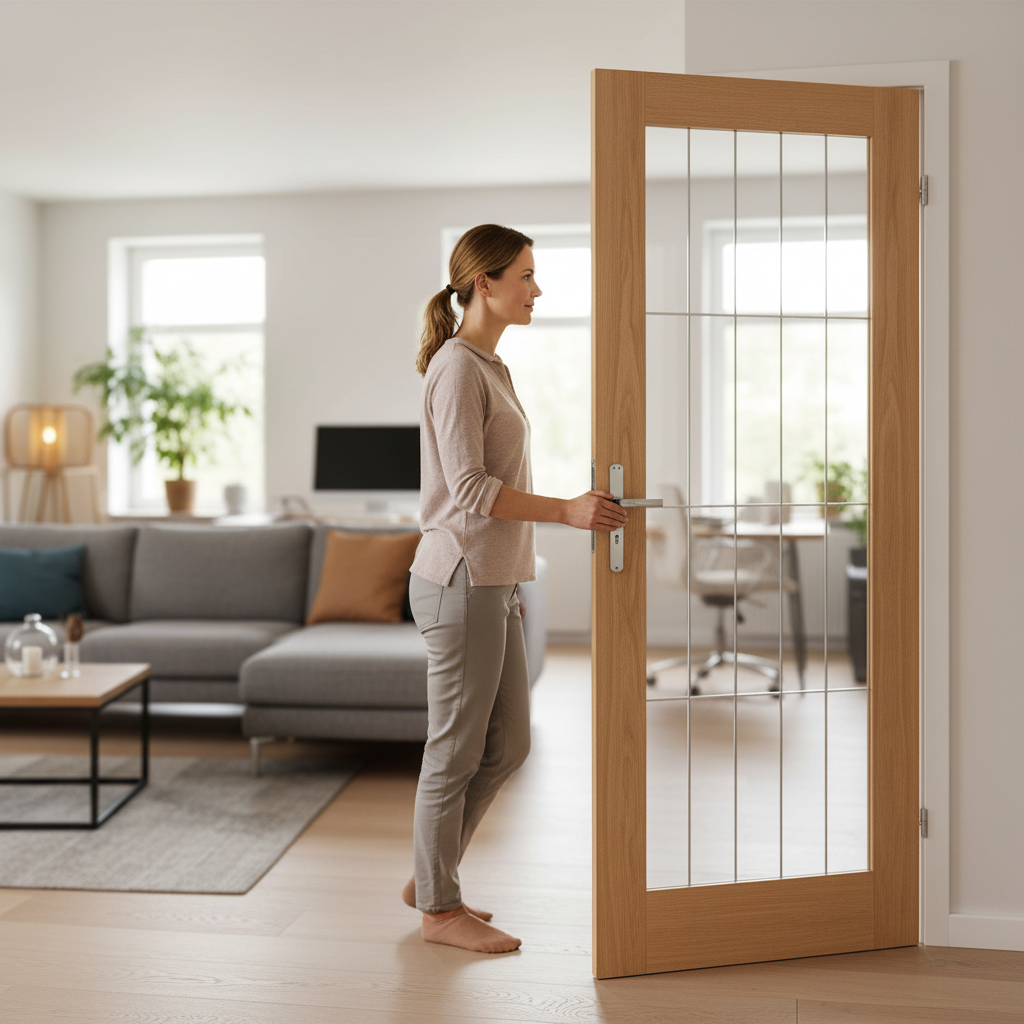 Premium Fully Finished Internal Oak Door with Etched Glass and Modern Design - High-Quality Professional Grade for Industrial and Commercial Applic...