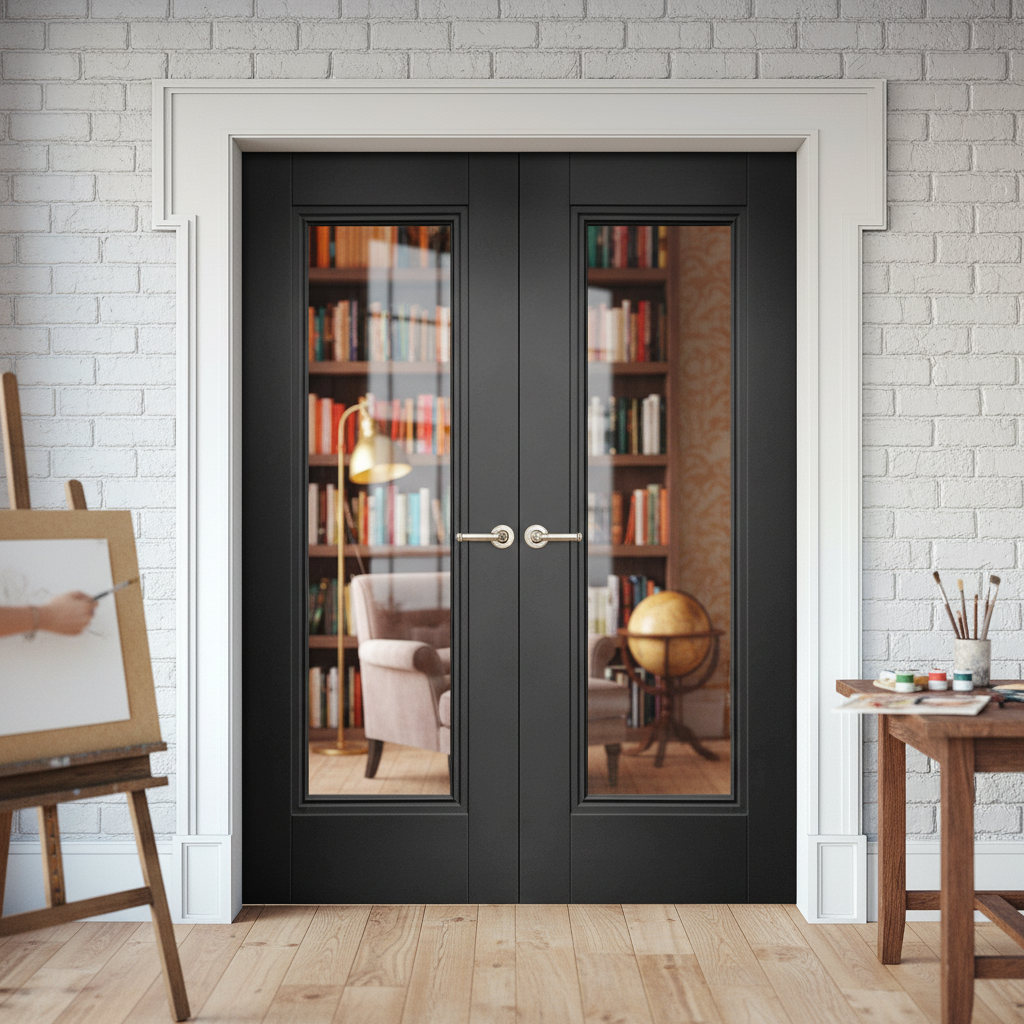 Premium Internal Black Primed Lancaster Clear Glass Pair Door Set with 35mm Thickness for Modern Homes