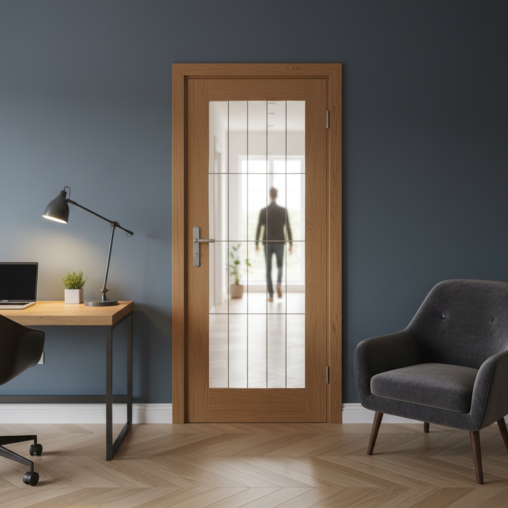 Premium Fully Finished Internal Oak Door with Etched Glass and Modern Design - High-Quality Professional Grade for Industrial and Commercial Applic...