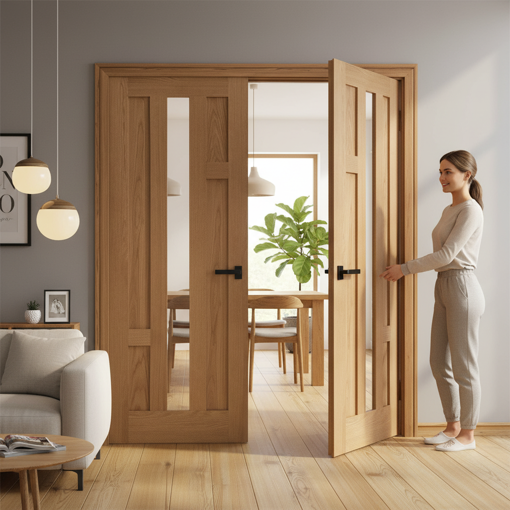Internal Oak Fully Finished 4 Panel Glazed Pair Door