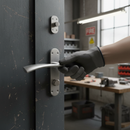 Satin Chrome Bathroom Door Handle Set with Lock