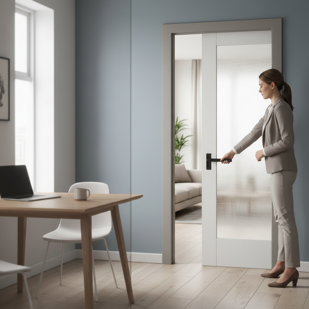 White Primed Internal Pocket Door Set with Ocean Glass Panel