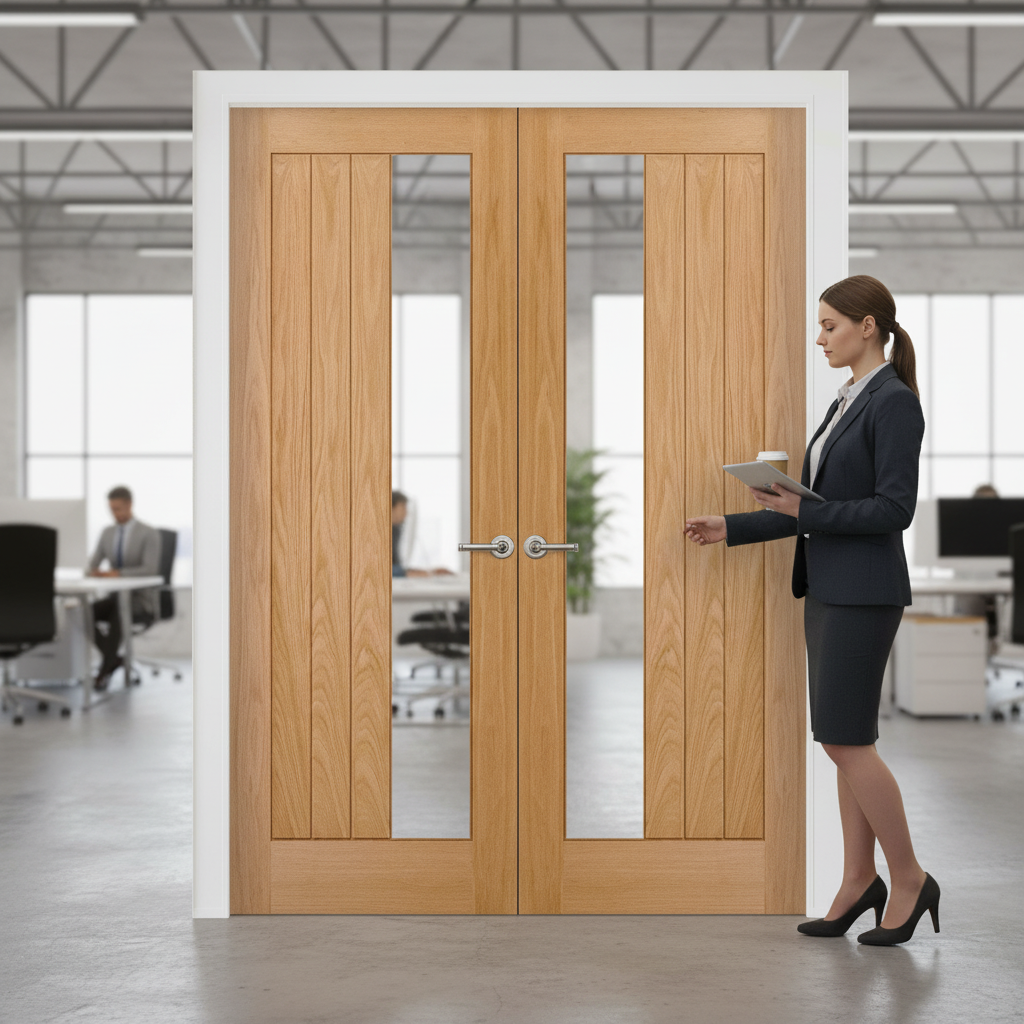 Internal Oak Unfinished Clear Offset Glass Pair Door - El...