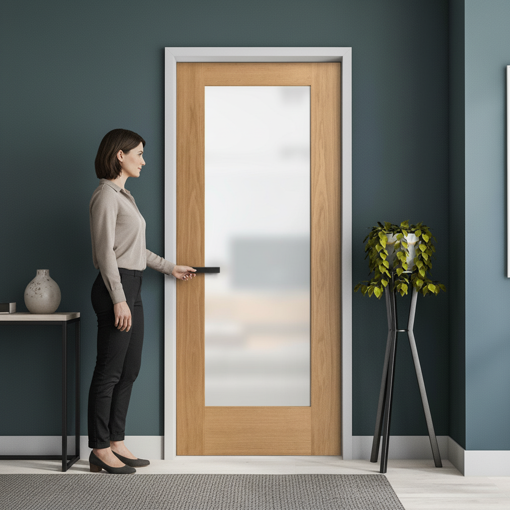 Internal Oak Door with Obscure Glass Pane, Unfinished