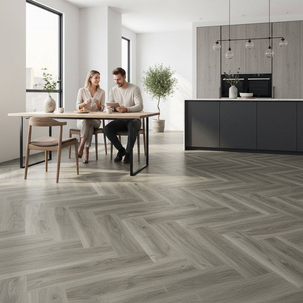 Premium Herringbone Vinyl Flooring 5.5mm Rigid Core with Waterproof Surface and 4V Beveled Edge Design