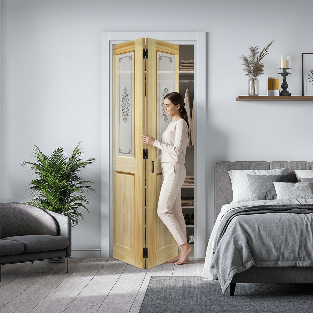 Premium Unfinished Clear Pine Bi-Fold Door with Campion Glass, Stylish 2 Panel Design, and Solid Engineered Core for Custom Finishing