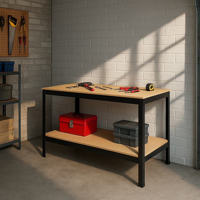 Premium Black Workbench 100cm – Heavy-Duty Steel Frame & Dual MDF Shelves 200kg Load Capacity