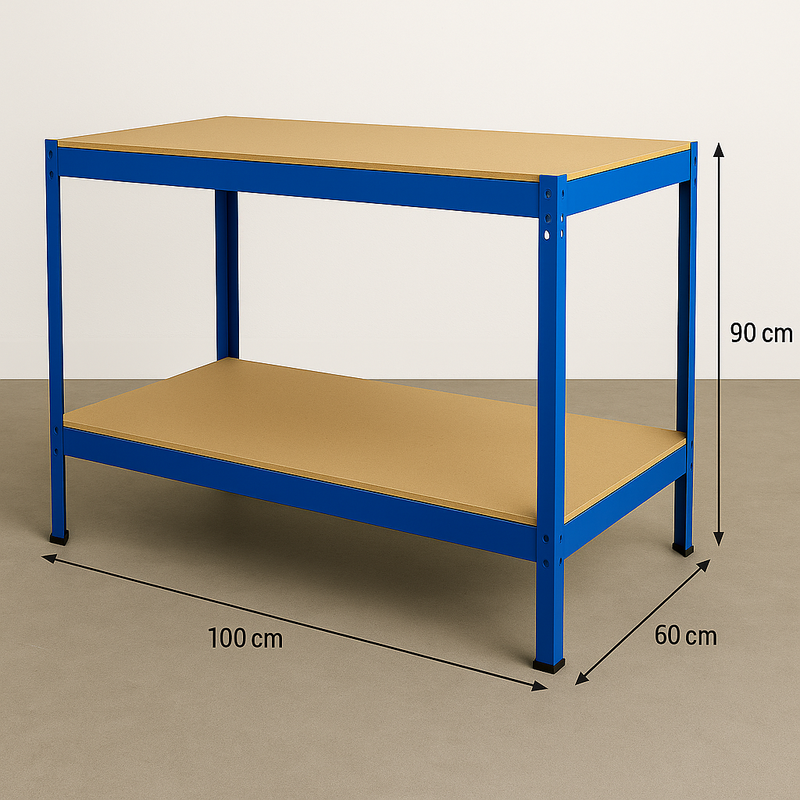Blue Heavy-Duty Steel Workbench 100cm – Boltless Design with 200kg Shelves for Garage & DIY