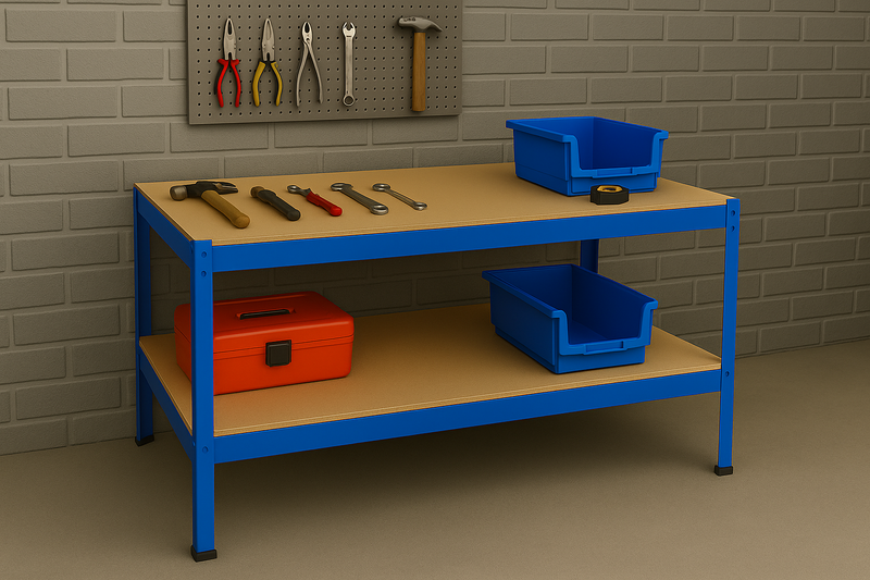 Blue Heavy-Duty Steel Workbench 100cm – Boltless Design with 200kg Shelves for Garage & DIY