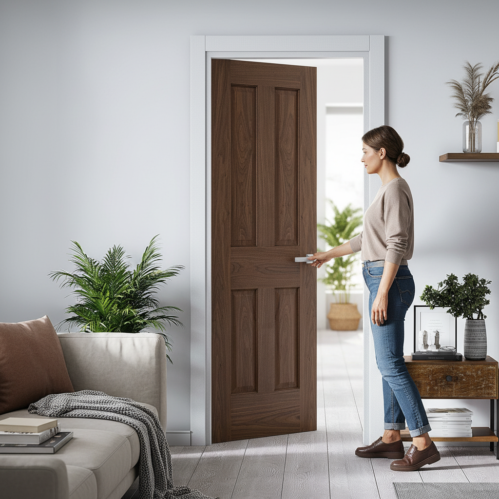 Premium Internal Walnut Fully Finished 4 Panel Victorian Door with Solid Engineered Core and Custom Sizing Options