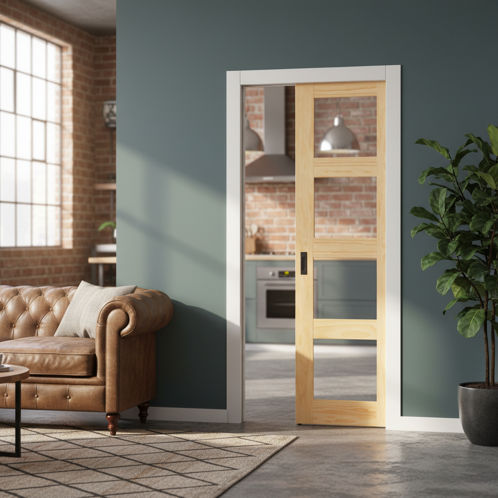 Premium Clear Glass Framed Pocket Door Set with Unfinished Pine Frame - Modern Shaker Style for Efficient Space Utilization