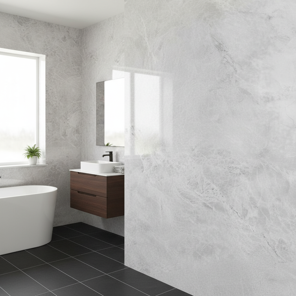 Premium PVC Gloss Waterproof Wall Panelling in Fino Grey - Durable, Mold-Resistant, and Easy to Clean for Professional Spaces