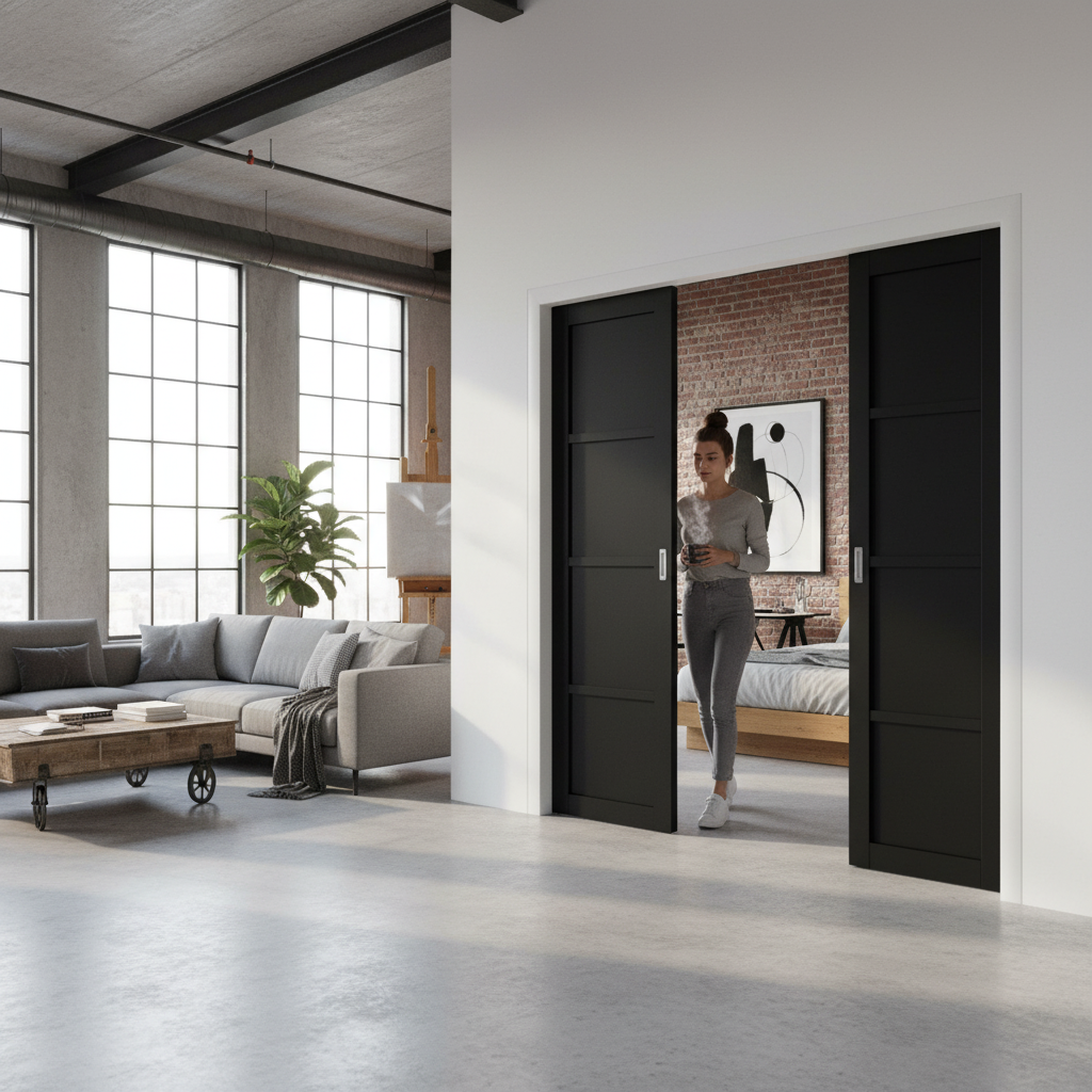 Premium Industrial Studio 4 Panel Solid Bi-fold Door - Fully Finished in Jet Black for Modern Interiors