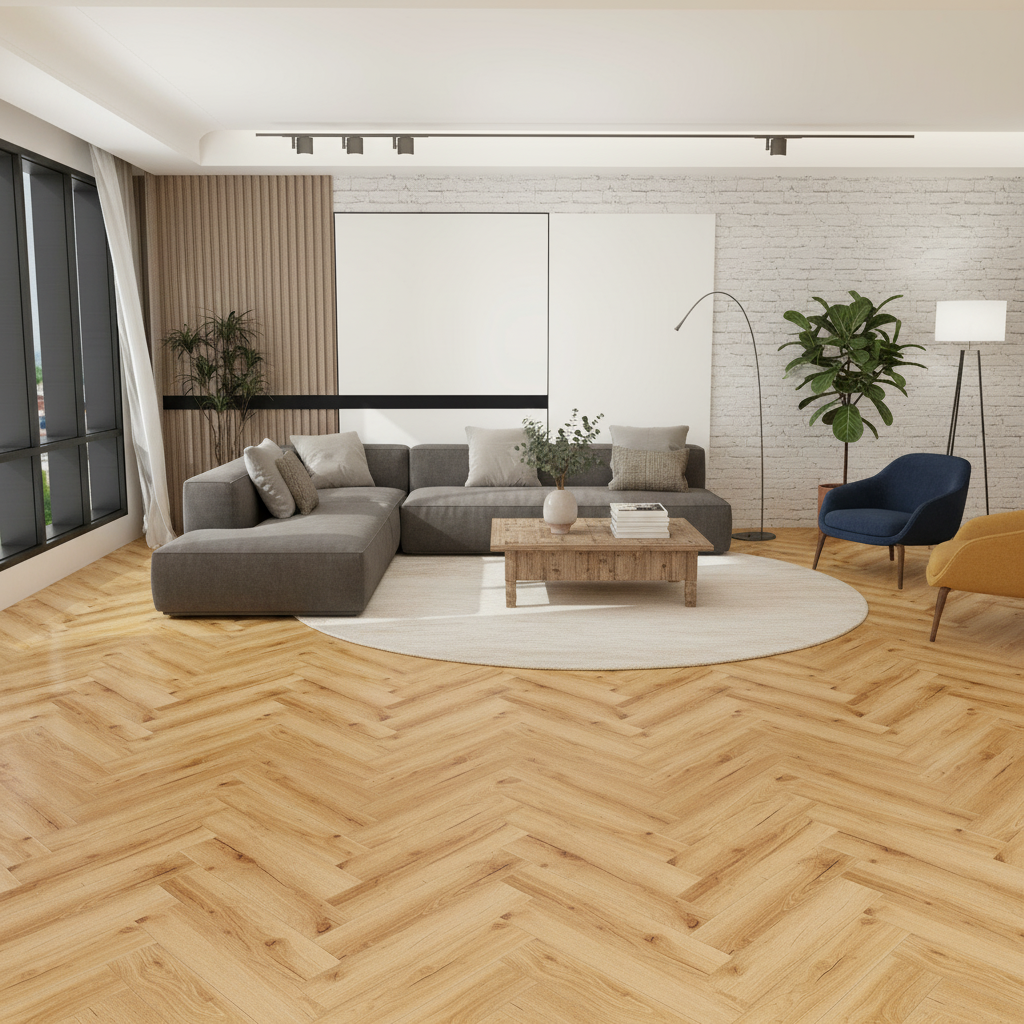 Premium Herringbone Vinyl Flooring 5.5mm Thick with Waterproof Surface and Built-In Underlay for Kitchens and Bathrooms