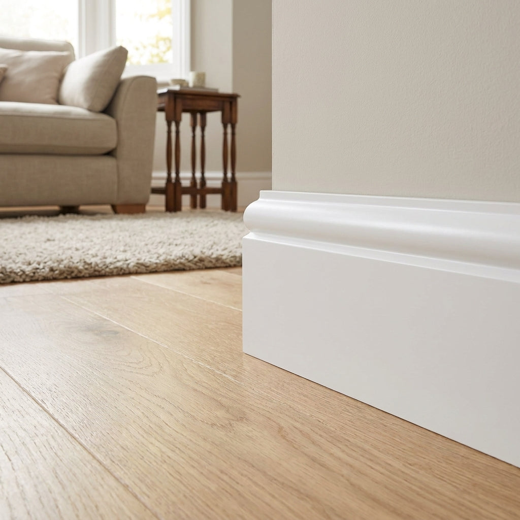 High Gloss White Skirting Board 2400mm x 58mm x 19mm Thickness - detail view