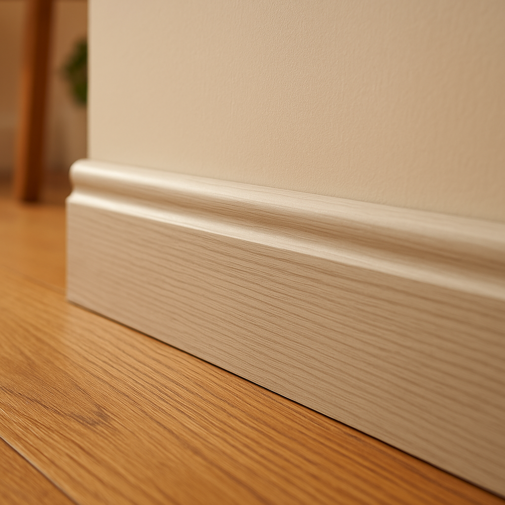Torus Laminate Skirting Board in Off-White - 2.4m Length - detail view