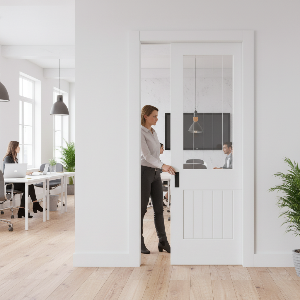 White Primed Internal Pocket Door Set with Etched Lined C...