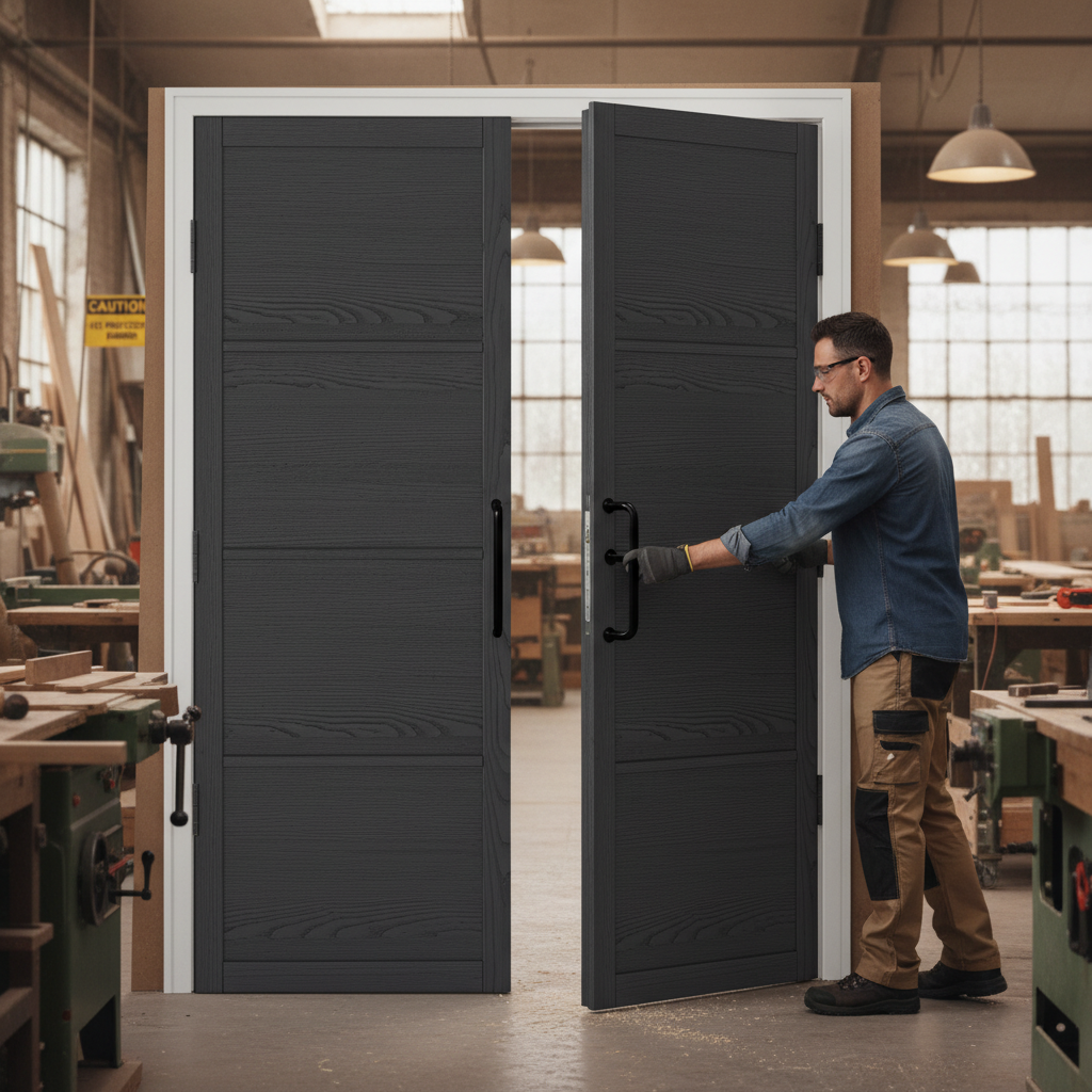 Premium 4-Panel Industrial Style Door Pair in Dark Charcoal Finish - Ready to Install with Solid Engineered Core and 10-Year Warranty