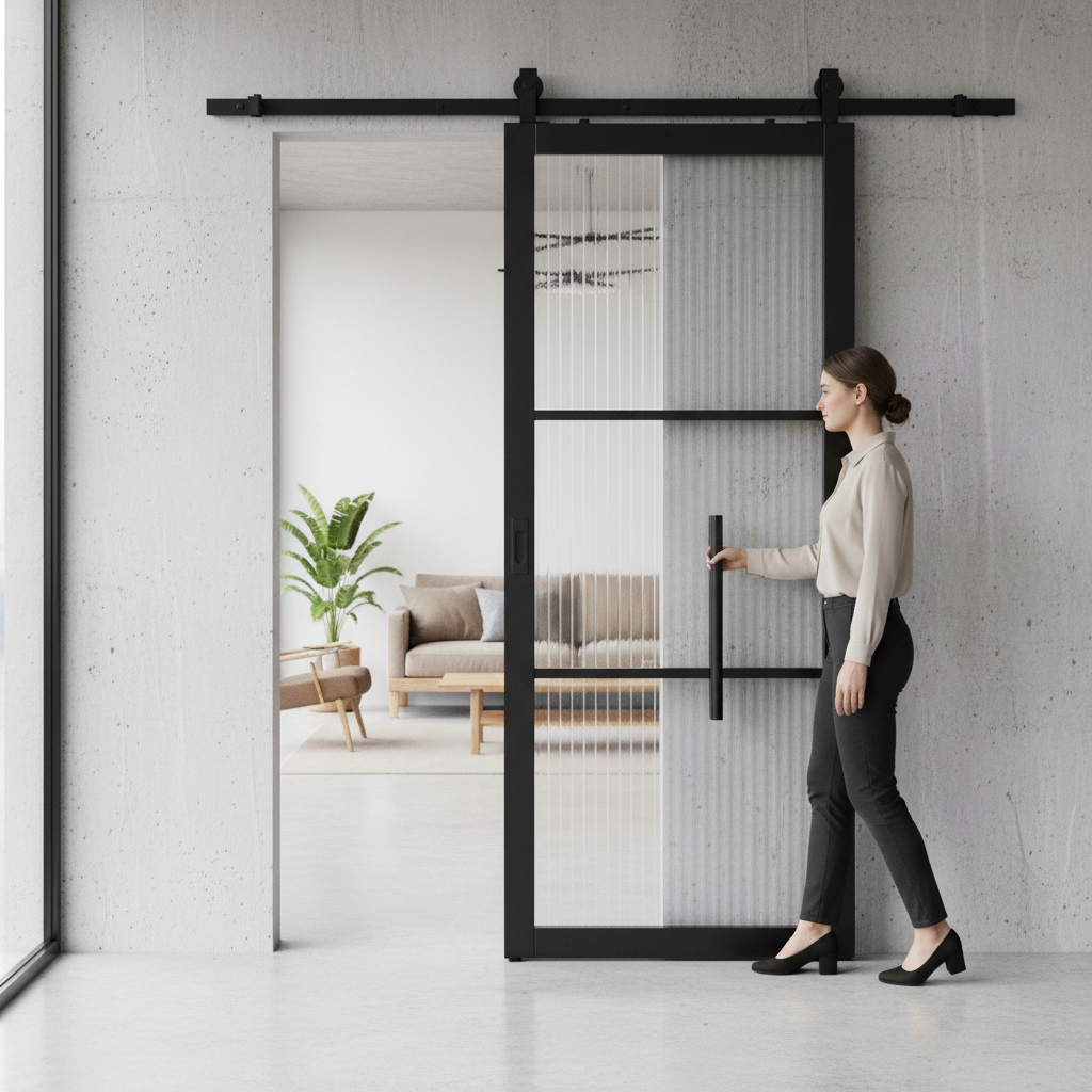 Premium Internal Primed Industrial Studio 3 Light Reeded Glass Sliding Door with Top Mounted System for Modern Homes