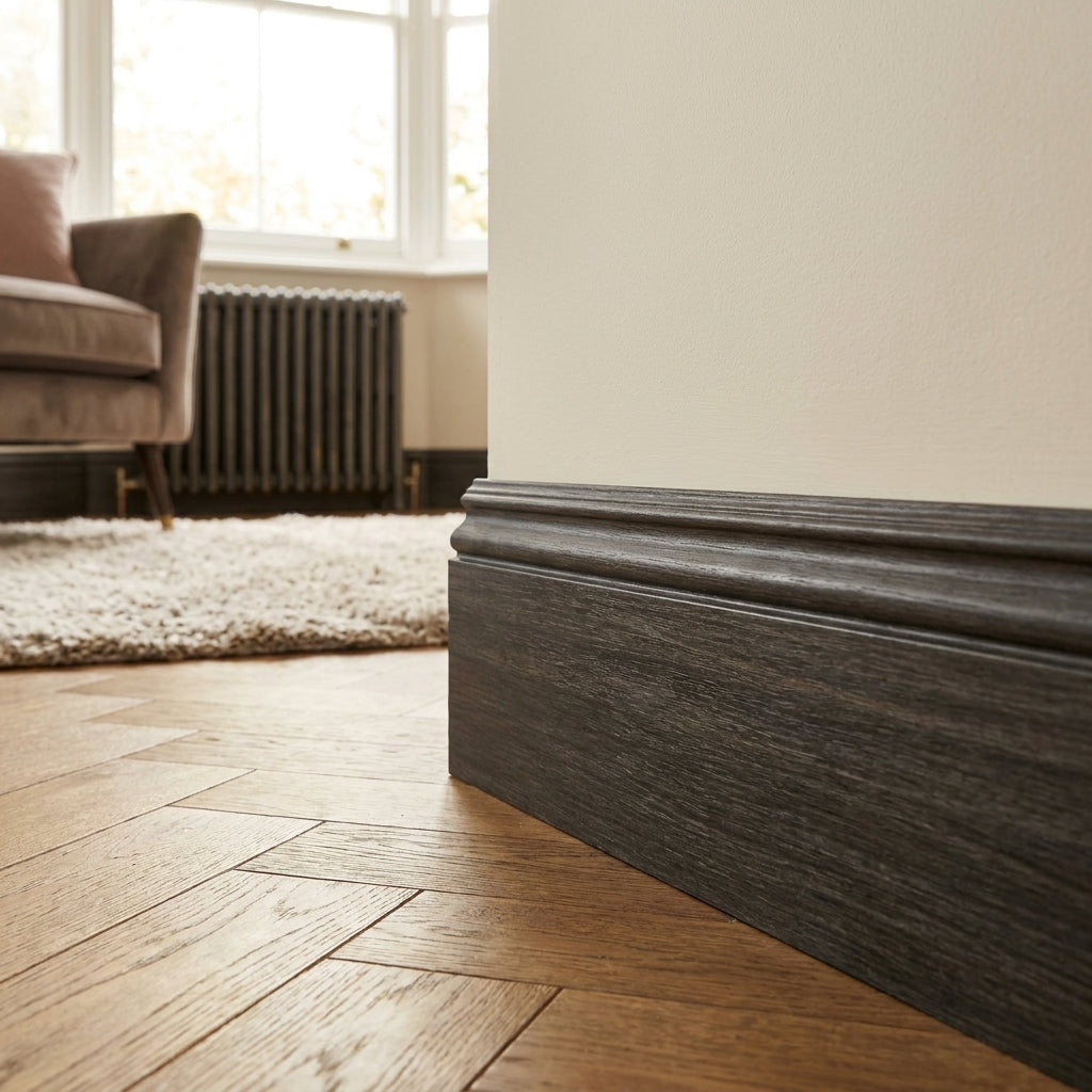 2.4m Dark Grey Torus Laminate Skirting Board 63-116mm - detail view