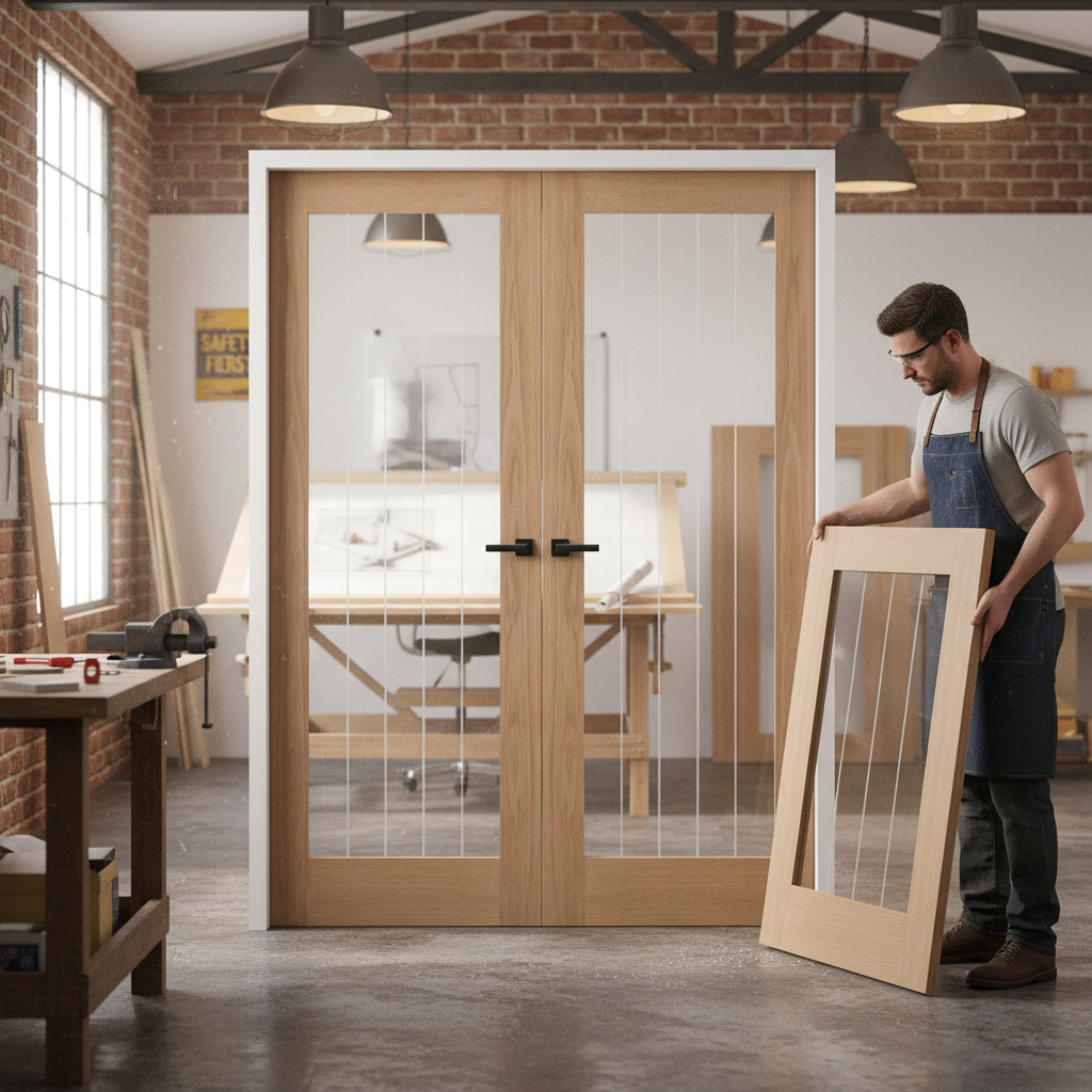Unfinished Oak Pair Door with Obscure Lined Glass Panel