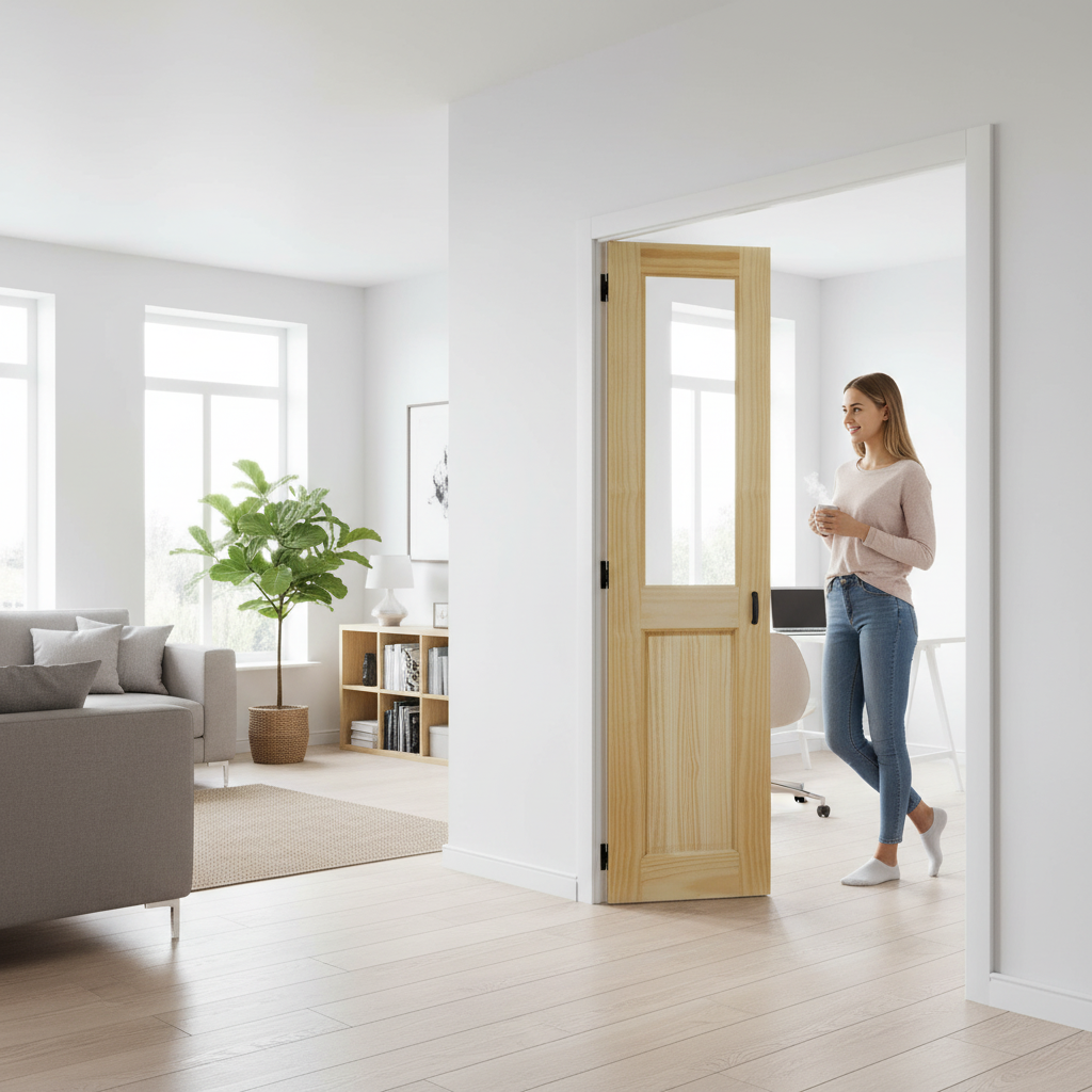 Premium Clear Pine Unfinished Bi-Fold Door with 2 Clear Glass Panes - Customizable Solid Core Design for Interior Spaces