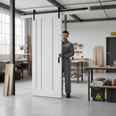 White Primed Sliding Door Set with Modern Three-Panel Design