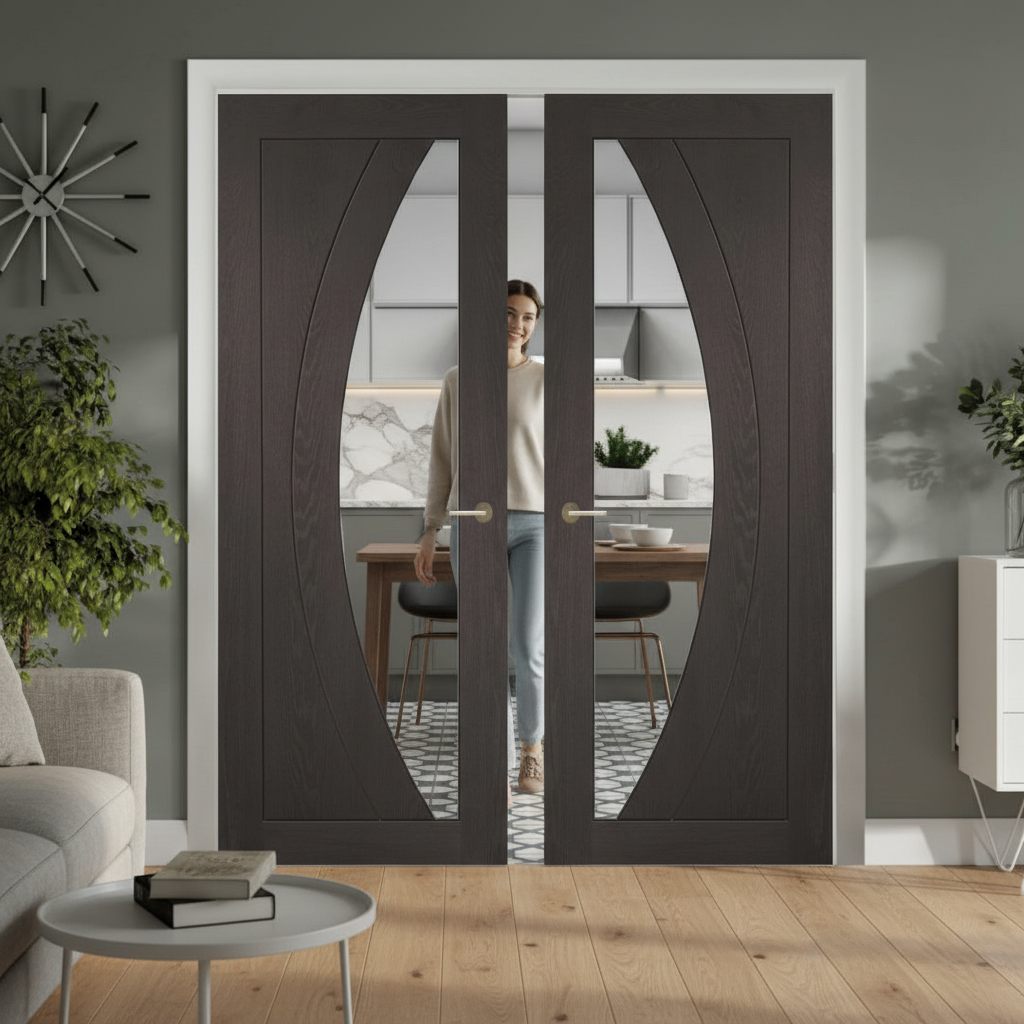 Premium Umber Grey Laminated Door Pair with Clear Glazed Finish and Textured Surface for Contemporary Design