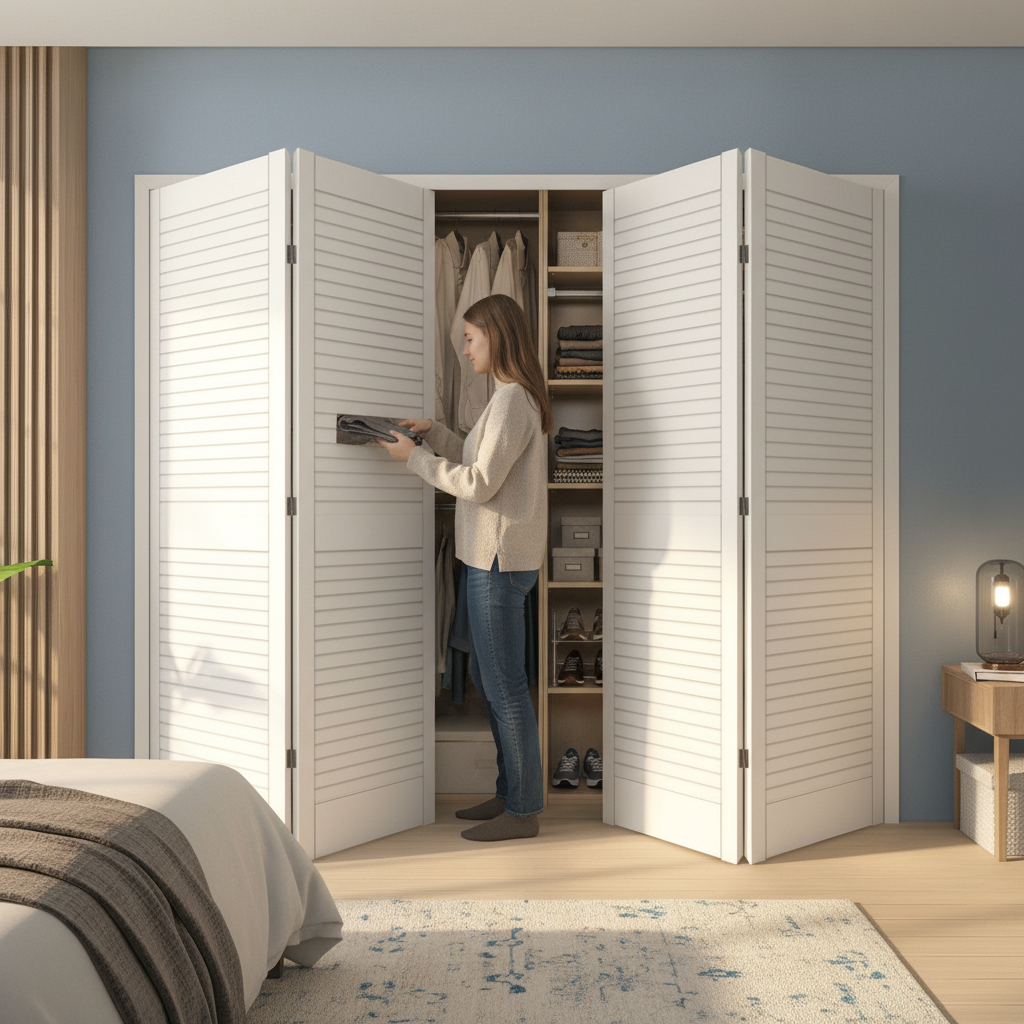 Premium White Painted Internal 28mm Open Louvre Bi-fold Wardrobe Door Set with Ventilation and Complete Fitting Accessories