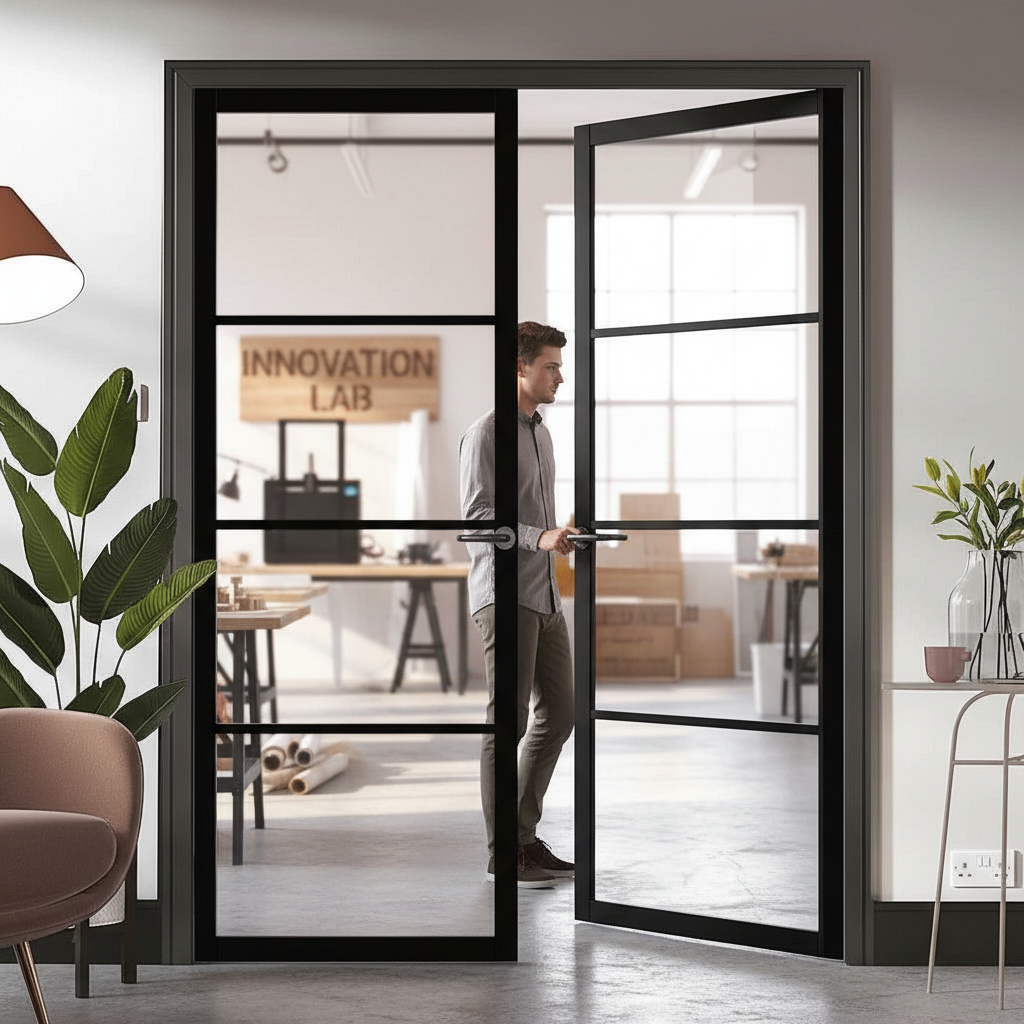 Premium Clear Glazed Industrial Style Door Pair with Solid Engineered Core and Safety Glass for Modern Interiors