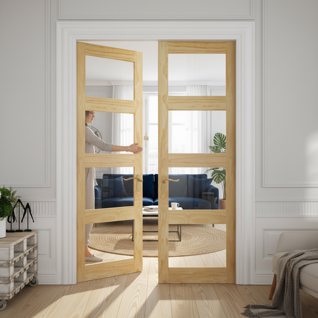Premium Unfinished Clear Pine Shaker Style Pair Door with Four Clear Glass Panels for Bright Interior Spaces