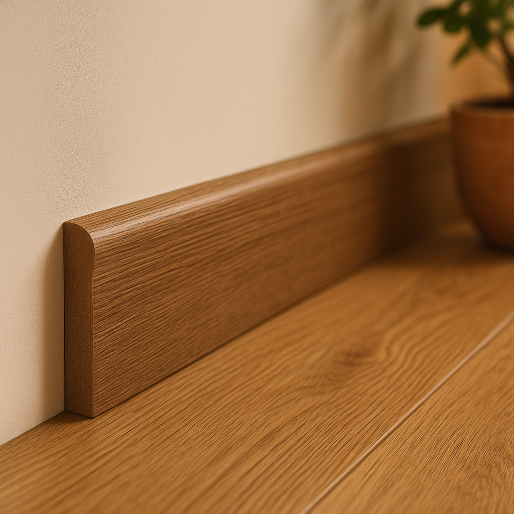 Torus Laminate Skirting Board in Dark Oak - 2.4m Length - detail view