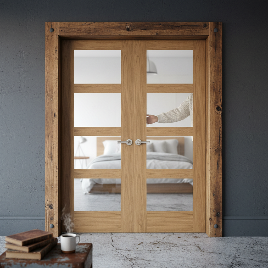 Internal Oak Unfinished Shaker 4 Light Glazed Pair Door
