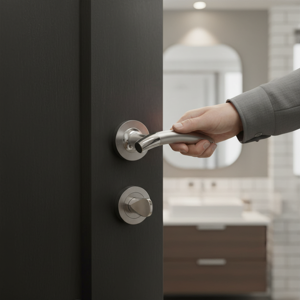 Lever On Round Rose Bathroom Handle Set with Chrome Hinges