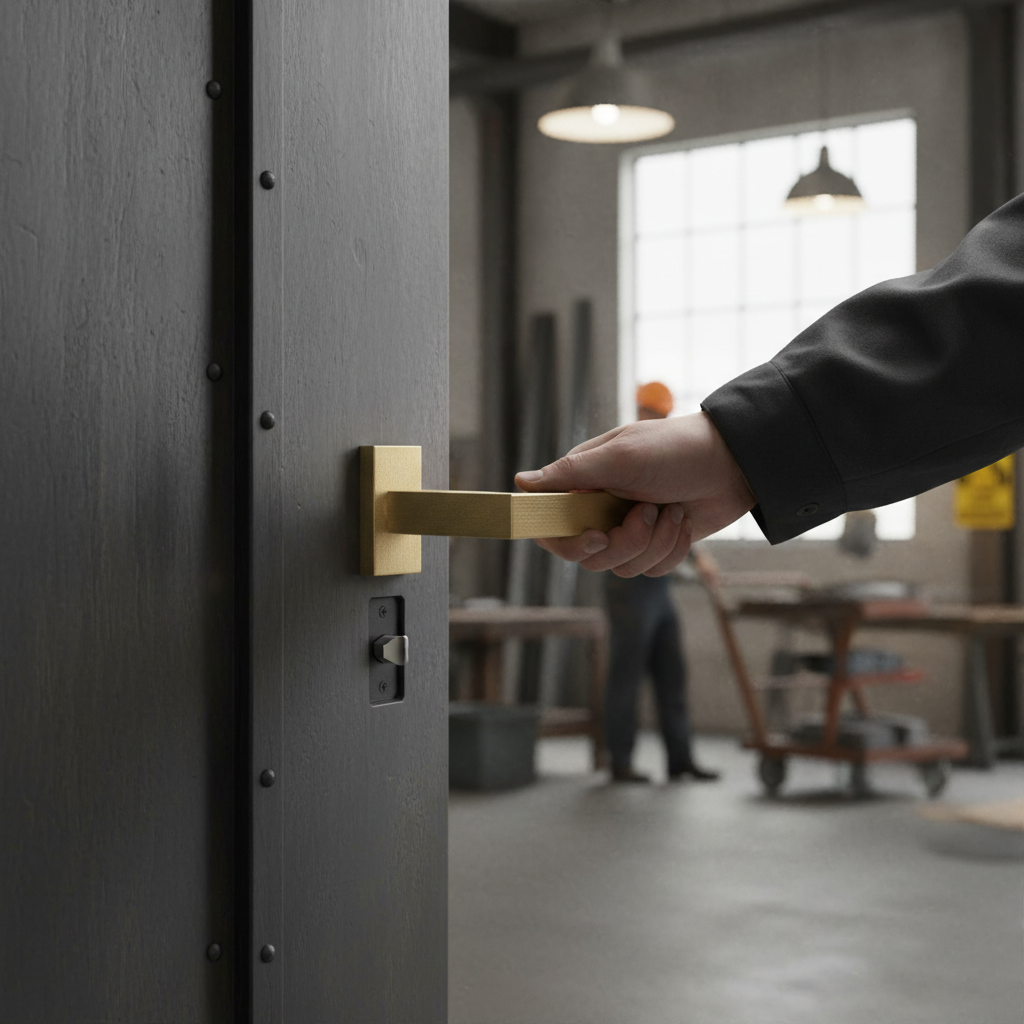 Industrial Square Lever Door Handle Set in Satin Brass