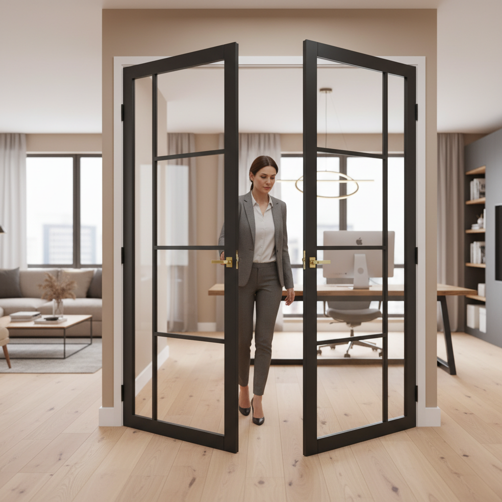 Premium Clear Glazed Industrial Style Door Pair with Elegant Asymmetrical Profile and Solid Core Construction