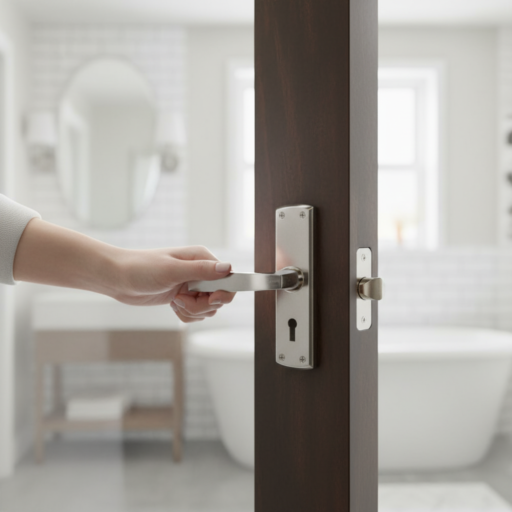 Lever and Lock on Backplate Bathroom Door Handle Set - Du...