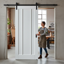 White Primed Sliding Door Set with Modern Three-Panel Design