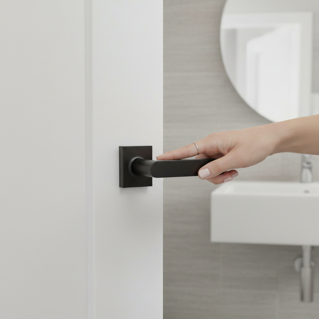 Matt Black Square Rose Bathroom Door Handle Set