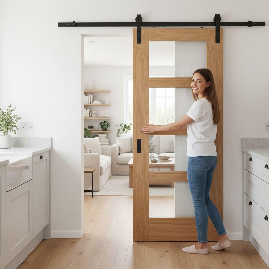 Unfinished Oak Sliding Door Set with 4 Light Clear Glass ...