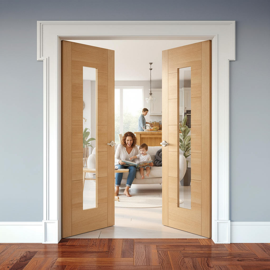Internal Oak Fully Finished 1 Light Glazed Pair Door - El...
