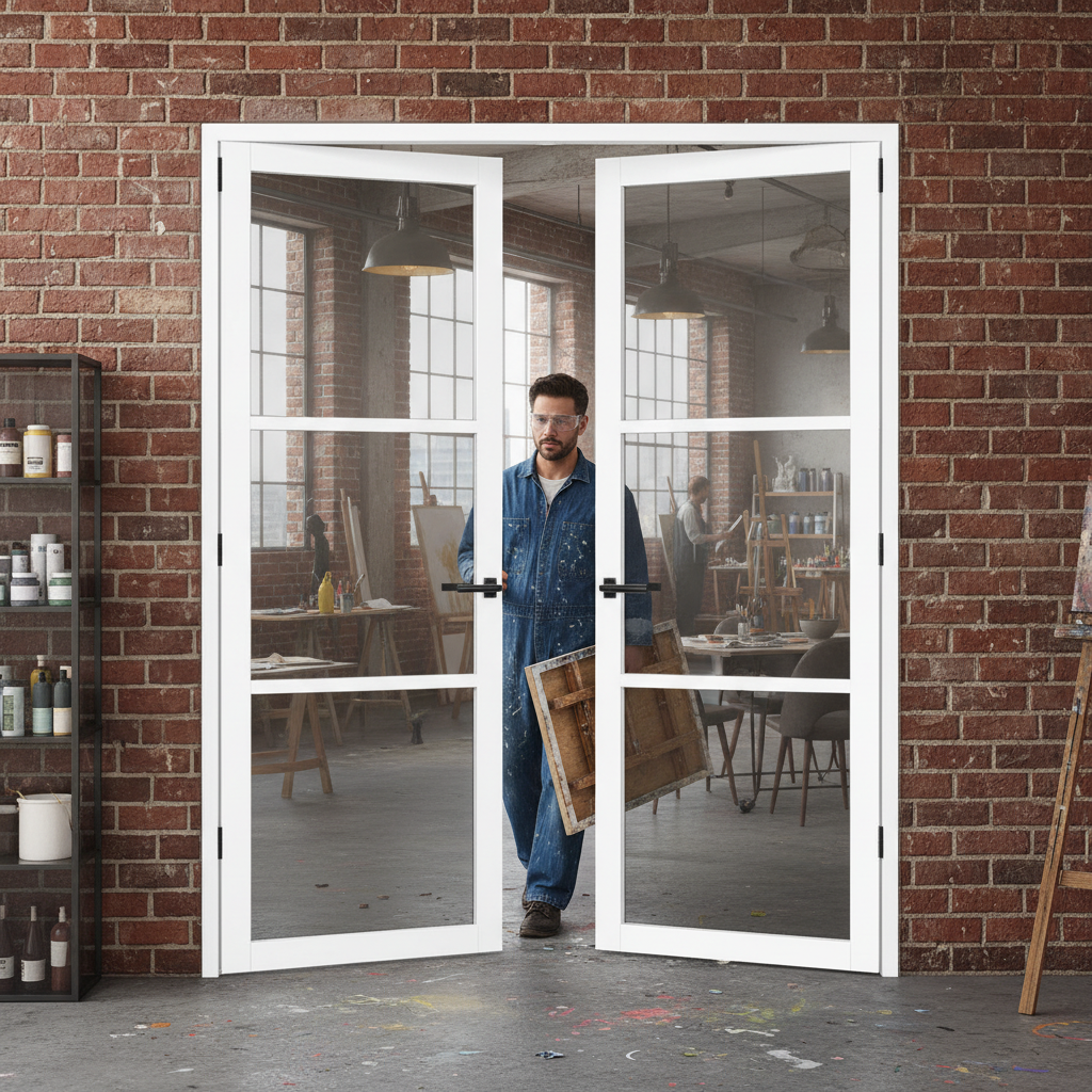 Premium 3L White Tinted Glazed Industrial Style Door Pair with Softwood Core and 10-Year Warranty