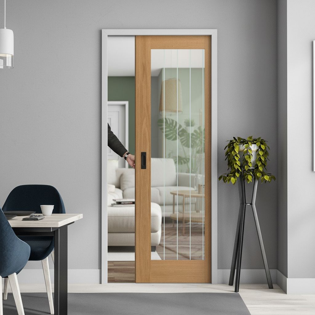 Oak Pocket Door Set - 1 Light Obscure Lined Clear Glass, ...